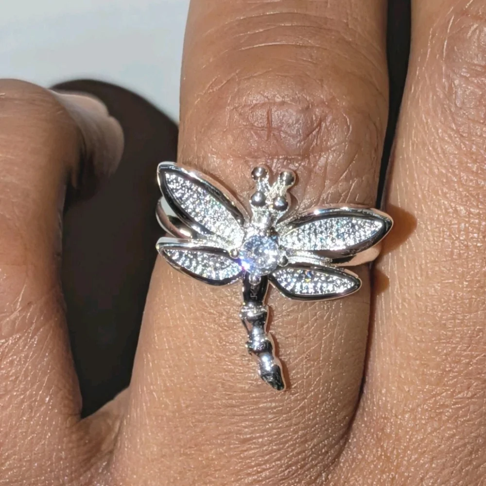 Vintage Women's Quality 925 Sterling Silver CZ Diamond  Dragonfly Ring  Size 5
